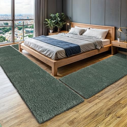 MY-RUG Bettumrandung Schlafzimmer 3teilig Teppich Grün - 2mal 140x70 und 1mal 300x80cm - Bettvorleger rutschfest Läufer Hochflor Deko