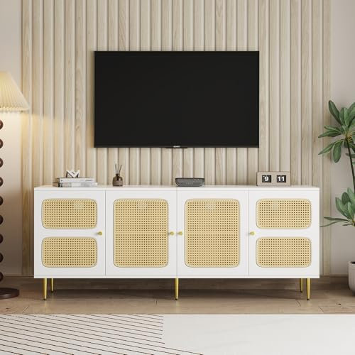 Rtopsu Mobile TV, Tavolo TV Basso per TV Fino a 80 Pollici, Scaffale TV con 4 Ante e 2 Vani Portaoggetti Scaffale per Soggiorno, Sala da Pranzo e Camera da Letto, 180x40x72 cm, Legno e Rattan, Bianco