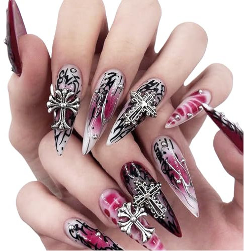Lilbitty 24 Stück Press on Nails Lang, Stiletto und Almond Press on Nägel, Punk Cross Design in Schwarz und Pink, Glitzer, Chrome Swirl und Halloween