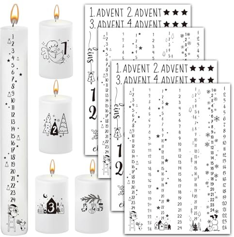 BOOMTOP 4x Kerzen Tattoos Folie Advent Weihnachten Rub On Sticker Kerzen Aufkleber mit Zahlen Adventskerzen 1-24 Kerzenfolie Kerzensprüche Kerzensticker Kerzen Verzieren für Stabkerzen Tasse Schwarz