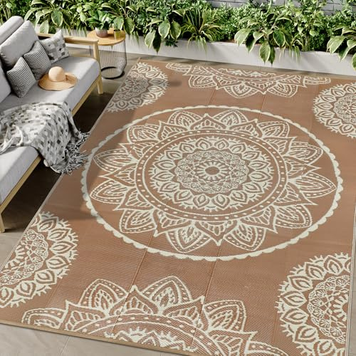 Famibay Outdoor Teppich Wetterfest 245x305cm Reversible Camping Teppich Outdoor Wasserfest Beige Braun Kunststoff Wendbar Leicht Outdoorteppich für Terrasse Garten Balkon Camping Innen Außen