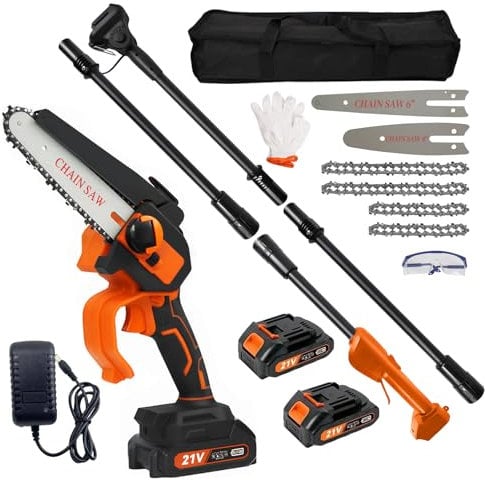 2-in-1 Cordless Pole Saw, High Branch Saw & Handheld Chainsaw with 4&6 Inch Chains 2pcs Rechargeable 21V Battery, 2.3m Reach Electric Saw for Garden Tree Trimming (UK)