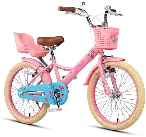 Glerc Sasha 20 Zoll Kinderfahrrad für 7-10 jährige Mädchen im Retro-Vintage-Stil Kinderfahrräder mit Puppenfahrradsitz & Stützrädern Rosa