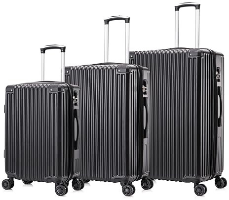 yonsly® Koffer Set 3 Teilig, Reisekoffer Trolley, Hartschalenkoffer Suitcase, Handgepäck Gepäck-Sets mit 4 Rollen, Passwortsperre, Hartschale, M(20″), L(24″) und XL(28″), Schwarz