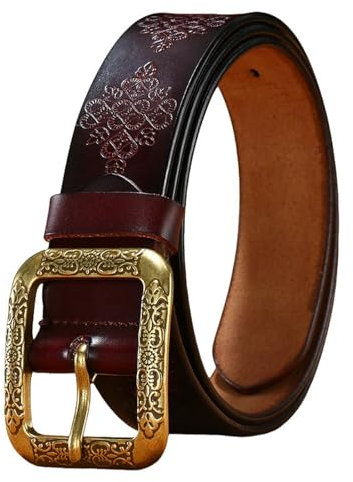 CMZYBBD GüRtel Herren Vintage Echter Ledergürtel Für Männer Und Frauen, Geprägte Schnalle Für Jeans Und Kleidung, Schwarz, Braun, Rot-braun-105-125