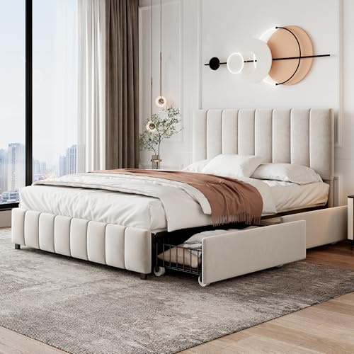 4ft6 Double Bed Frame with 4 Storage Drawers, Upholstered Platform Bed with Adjustable Channel Tufted Headboard/Velvet Fabric/Metal-Wood Support/No Box Spring Needed, Beige Double Bed, No Mattress