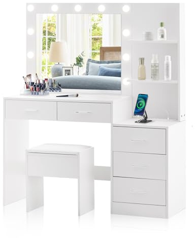 CLIPOP Schminktisch, LED, Steckdose, 5 Schubladen, 3 Fächer