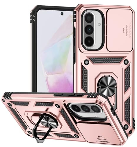 Jeelar ESONG Coque Para Samsung Galaxy A26,TPU+PC Rigide Armure Housse avec Lentille Coulissante Couverture/Rotation à 360 Anneau de Support,Or Rose
