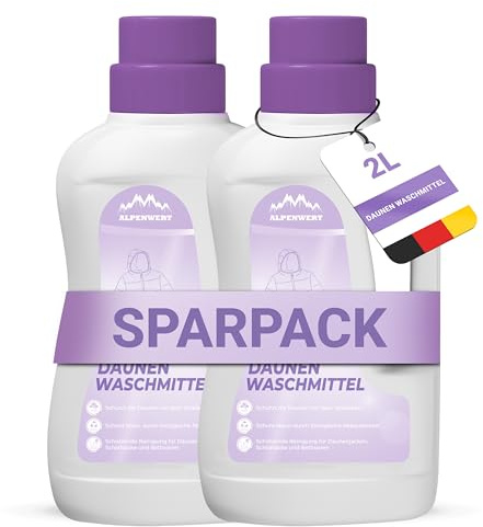 ALPENWERT® Daunenwaschmittel 2x1L - Spezialwaschmittel für Daunenjacken, Bettdecken, Schlafsäcke & Kissen - sanftes Waschmittel für fasertiefe Reinigung & Pflege mit frischem Duft - Made in Germany