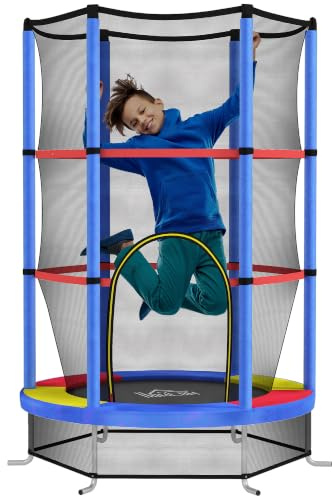 HOMCOM Kindertrampolin, Ø140 cm Gartentrampolin mit Sicherheitsnetz für Kinder, Indoor Trampolin für 3-6 Jahre Kinder, Bunt