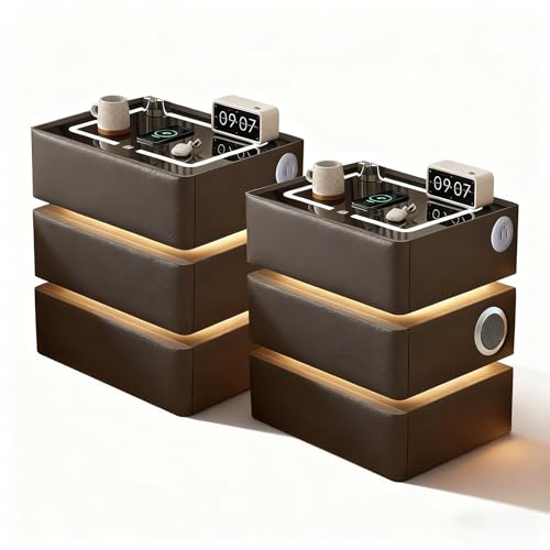 GXSDYYDS Nachttisch Grau 2er Set, Nachtschrank mit LED und 3 Licht Dimmbar, Bluetooth-Lautsprecher, Kabelloses Laden, Modern Beistelltisch mit Automatischer Sensor, 3 Schubladen, 40x40x60cm