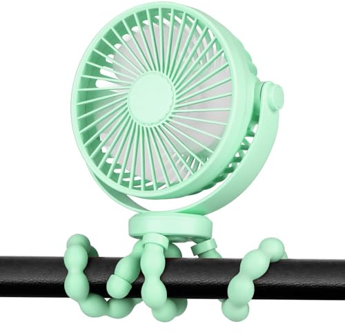 POPERFUN Ventilador Portátil para Cochecito 5200mAh 20 Horas, Ventilador Carrito Bebe con Batería, 360°Rotación,3 Velocidade Ventilador USB para Cochecito, Cuna,Oficina, Viaje (Verde menta)