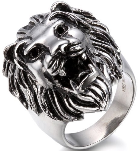 JewelryWe Herrenring Löwe Ring Herren: Biker Herren-Ring Edelstahl Löwenkopf Fingerring Band Bandring Vintage Punk Rock Gothic Schmuck Geschenk für Männer Größe 70