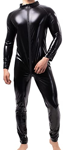 QiaTi Mens Full Body Leotard Long Sleeves Unitard Faux Leather Bodysuit