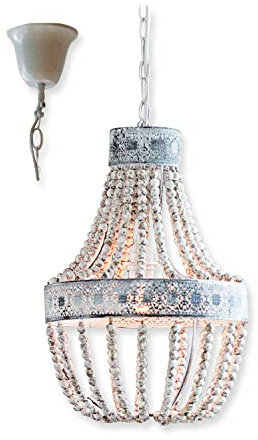LOBERON Hängelampe Valcourt, von Hand aufgefädelte Holzperlen, orientalisch inspirierte Hängeleuchte, Wohn-Accessoire, Eisen, Hanf, Tannenholz, antikweiß