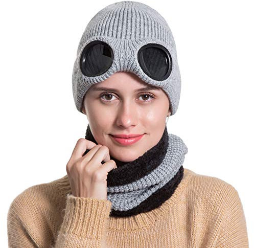 Yixda Unisex Warm Goggle Beanie Hut Strickmütze Winter Mütze Schal Set (Grau)