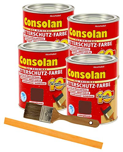 Consolan Wetterschutzfarbe deckend Holzschutzfarbe Holzfarbe bis zu 10 Jahre wetterbeständig für Holz und Zink Außen inkl. Pinsel (4 x 0,75L, braun)