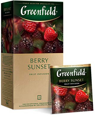GREENFIELD BERRY SUNSET | 25 TEE BEUTEL | Kräutertee | Brombeerblatt, Apfel, Blaubeere, Hagebutte, Hibiskus | Koscher | Koffeinfrei | EISTEE | Ice Tea | 50g