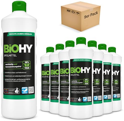 BiOHY Lavavajillas a mano (9 botellas de 1 litro) | Libre de fosfatos | libre de químicos dañinos y biodegradables | Adecuado para la restauración y el hogar (Spülmittel)