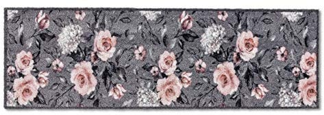 Astra Flauschige Sauberlaufmatte weich - Pure & Soft - Blumen grau-rosa 50 x 150 cm - Waschbarer Küchenteppich innen - Türmatte strapazierfähig - Teppich