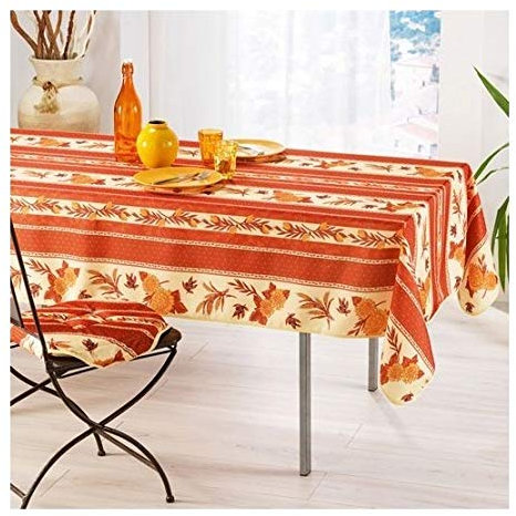 Rechteckige schmutzabweisende Tischdecke - Faltenbeständig und 100% Polyester - Orange - 240x150 cm - Tournesol Abeille - 6/8 Besteck - Innen oder Außen - Esstisch, Küche oder Garten