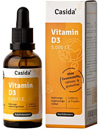 Casida® Vitamin D3 Tropfen 5000 I.E. Hochdosierte, flüssige Vitamin D3 Tropfen, gelöst in hochwertigem MCT Öl - Aus der Apotheke - 50 ml
