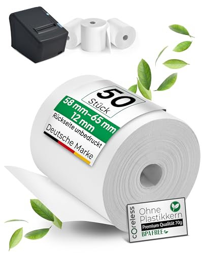 coreless - Lot de 50 rouleaux thermiques de 58 mm x 65 mm x 12 mm – Roulettes de caisse sans noyau sans déchets plastiques