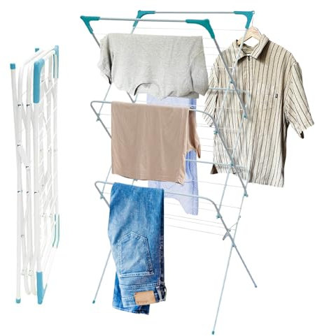 3 Tier Folding Clothes Airer - For Laundry, Indoor and Outdoor | Corner Spaces for Hangers & Non-Slip Feet | Foldable Drying Rack, Lightweight, Space Saving Washing Line for Home Storage