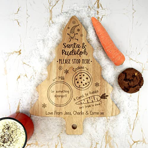 eBuyGB Personalised Christmas Tree Shaped Xmas Eve Board, Santa Claus & Rudolph Please Stop Here, Reindeer Treat Plate, Wooden Snack Tray