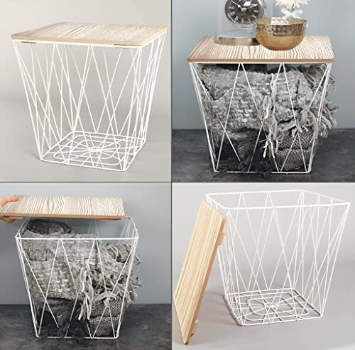 HOMION Retro Metal Wire Square Wood Top Storage Side Table Basket Home Furniture (White)