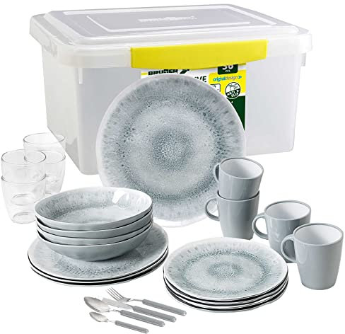 Brunner- Outdoor in Motion : Camping-Geschirr-Set Melamin | 36-Teilig - Teller, Besteck & Becher für 2-4 Personen | All Inclusive Pearl - Bruchfest & Anti-Slip