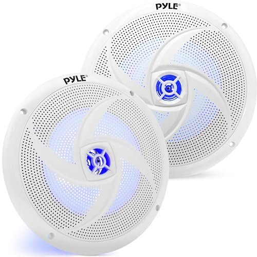 PyleUsa 8 Inch Marine Speakers - 2 Way Full Range Stereo Sound, 160 Watt, White - LED Light: Blue Illumination, Water-Resistant Design