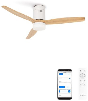 CREATE / WINDCALM PATIO/Ventilador de techo para exteriores con luz blanco madera natural con Wifi y mando/Motor DC, 6 velocidades, temporizador de 1 a 4h, 3 temperaturas de luz, 40W, Ø132 cm