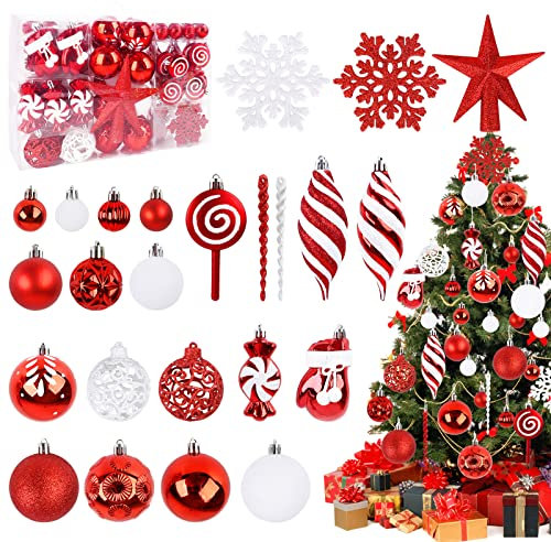 Palline di Natale, decorazioni albero di natale rosso, 128 pezzi di 20 tipi natale decorazioni, Diverse Forme di Palline ed Un Puntale per Albero di Natale (Rosso)