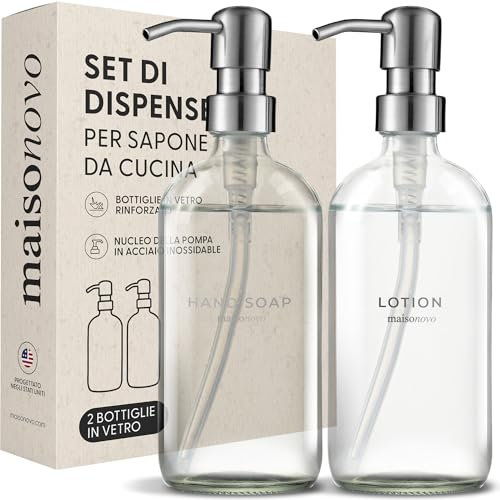 MaisoNovo Seifenspender Bad - 500 ml Klar Seifenspender aus Glas - Silberpumpen x 2 - Seifenspender Küche