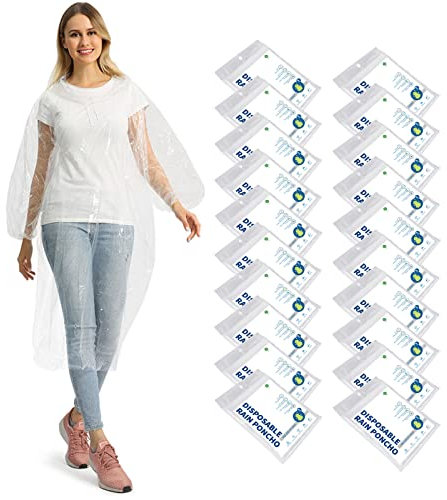 Opret 20 Stück Durchsichtig Regenponcho Damen Herren, Wasserdicht Regenschutz Regencape mit Tunnelzug Kapuze und Elastische Manschette, Leichtgewichts Regen Poncho Transparent