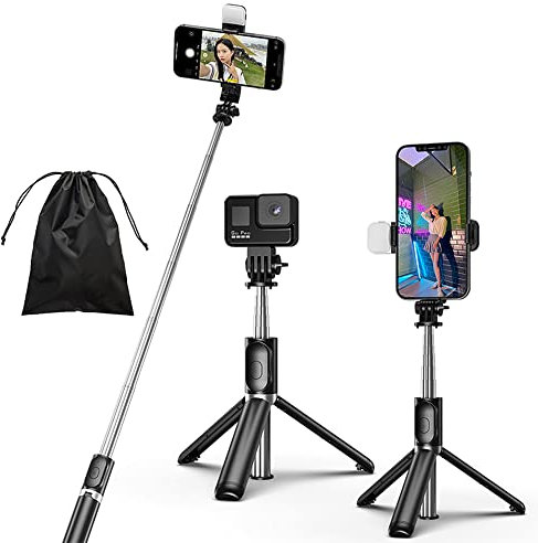 KOMI Perche à Selfie 4 en 1 avec lumière de Remplissage, trépied Extensible Portable avec télécommande sans Fil Amovible, Compatible avec iPhone, Samsung, Appareil Photo Android (Noir + lumière)