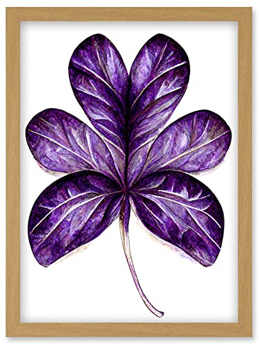 Wee Blue Coo Purple on White Six Clover Modern Simple Leaf Illustration Artwork Framed Wall Art Print A4
