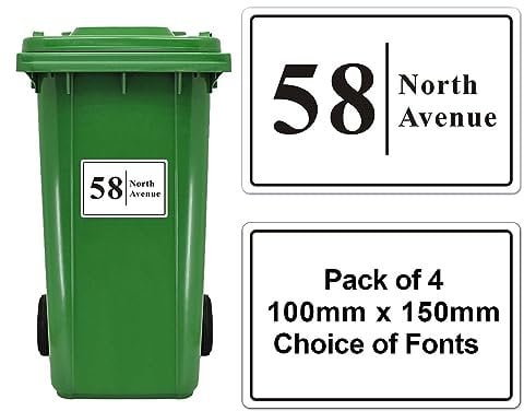 4 x Wheelie Bin Stickers Bin Numbers for Wheelie Bins Custom Wheelies Bins Numbers Stickers Personalised Bin Number Sticker with House Number Street Name(Design 1)