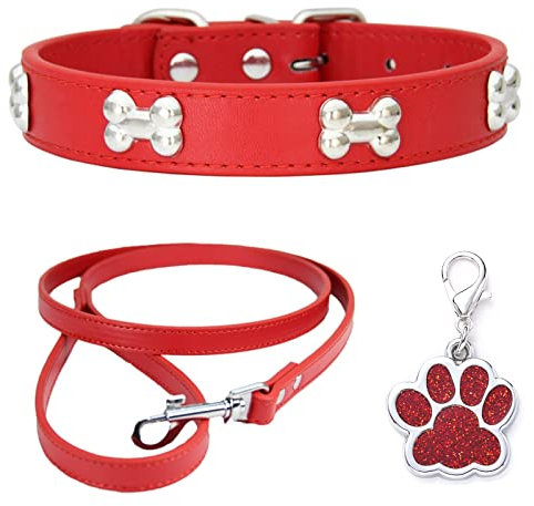 HALFSUMO Hundehalsband Leder Halsband Hundeleine Combo Set Hundehalsbänder Verstellbares Welpenhalsband für Kleine Mittelgroße Hunde Katzen Rot M