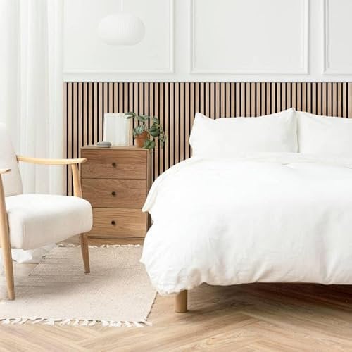 DECOON Pack tête de lit Bois 240 cm - Lot de 8 Revêtement muraux tasseaux Bois 120 x 30 x 1 cm - Lamelles chêne Clair Fond Noir 2,88 m²