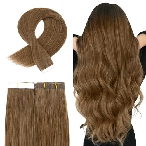 TESS Tape Extensions Echthaar 30 cm, Braun Tape Klebeband Haarverlängerung 20 pcs Glatt Mittelbraun Remy Tape in Hair Extensions für Haarverdichtung (20pcs-20g)