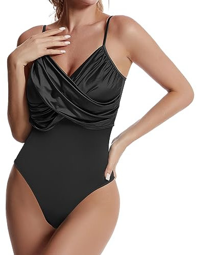 RoomTour Body da donna in raso Bodysuits senza maniche profondo scollo a V Shapewear donna Jumpsuit con spalline sottili 1-Nero S