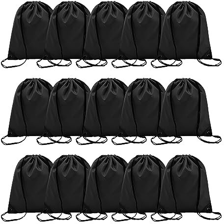 Playcrate 15 Black Drawstring Bags Backpack - Party Gift Bags & Sports String Bag for Gym, School, Travel Storage Organization (Black)