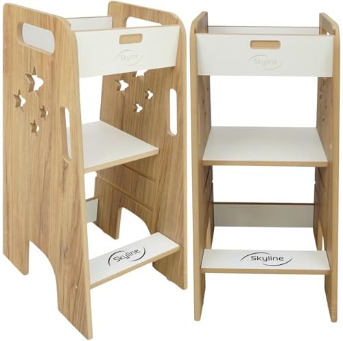 Skyline Steh Lernturm Baby ab 1 Jahr Montessori Learning Tower Höhenverstellbar Tritthocker Kinder Indoor Möbel Kinderzimmer Trittschemel Kitchen Helper Hochstuhl (Holzimitat und weiß mit Sternen)