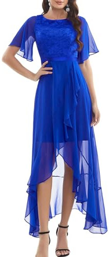 Gardenwed Robe de Soirée Bal de Promo Demoiselle d'honneur Cocktail Femme pour Cérémonie Voyage Robe Chic et Elégant Longue Fluide Col Ronde avec Manches Courtes Royal Blue XL