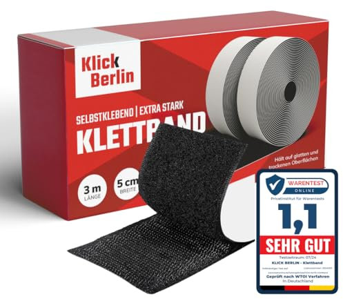 Klick Berlin Klettband Selbstklebend Extra Stark 5 cm x 3 m | Klett Klebeband klebt auf vielen Flächen | Klettverschluss | 50mm breit, 3 Meter lang | Schwarz