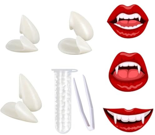 ZKSXOA 3 Paare Vampir Zähne Zähne, Halloween Party Cosplay Prothesen Prop Dekoration mit Pellets Kleber für Halloween Kostüm Party Gefälligkeiten