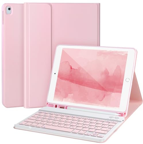 Tastatur Hülle für iPad 9/8/7. Generation 10,2 Zoll, abnehmbare Hülle mit Bluetooth-Tastatur für iPad 9. Generation 10,2 Zoll mit Stifthalter, automatisches Aufwachen/Aufwachen, Pink
