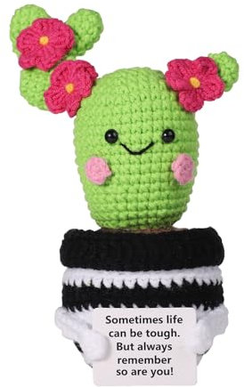 lasuroa Crochet Cactus Positif, 16cm Plantes Crochet Positives Vertes Poupée Cactus Tricotée Jouet Drôle Vie Positive Pomme Terre Tenant Une Carte Encouragement Petites Décorations Cactus pour Fête